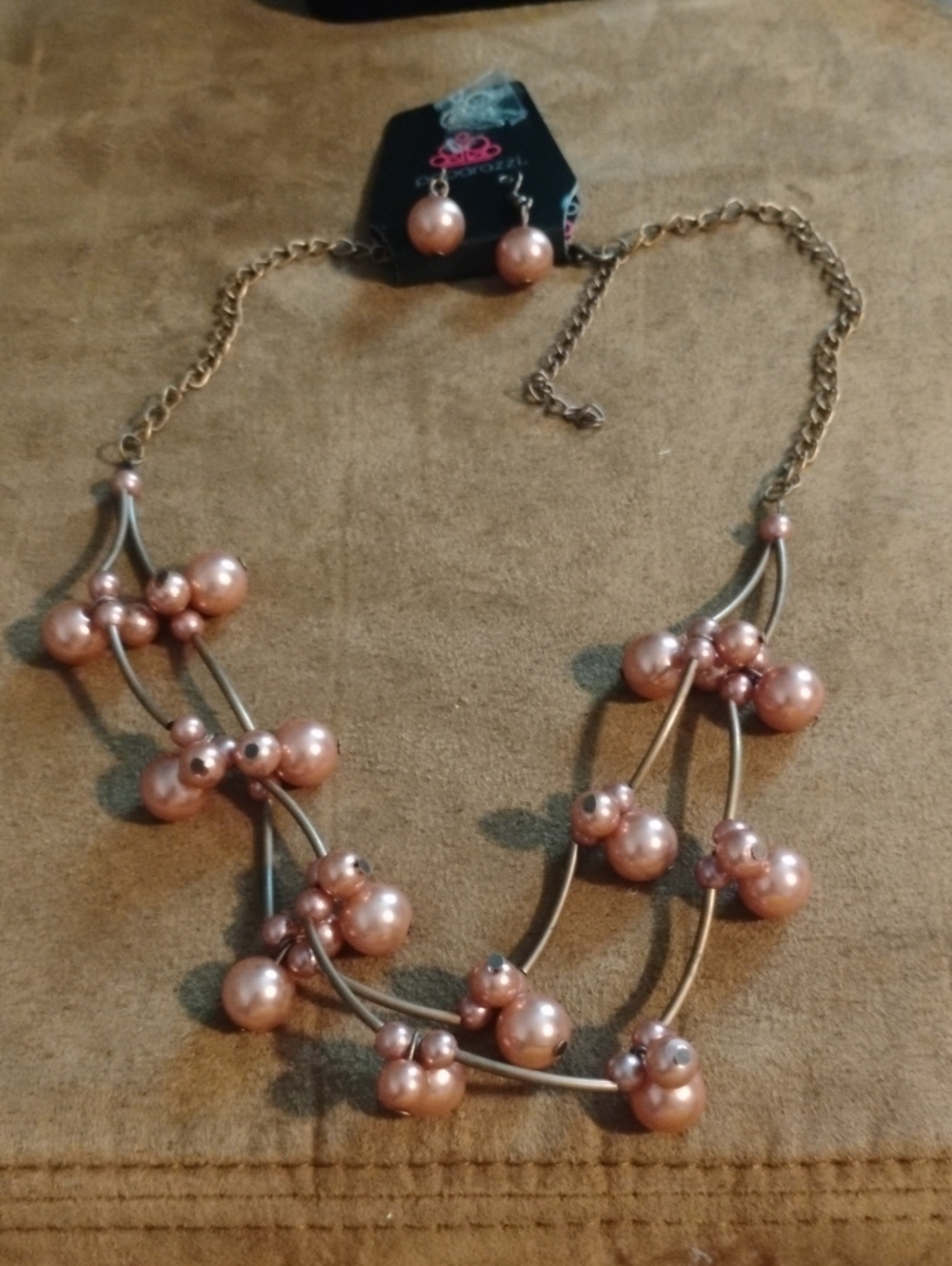 paparazzi Pink Pearl Cluster Multi-Strand Necklace with Matching Earrings